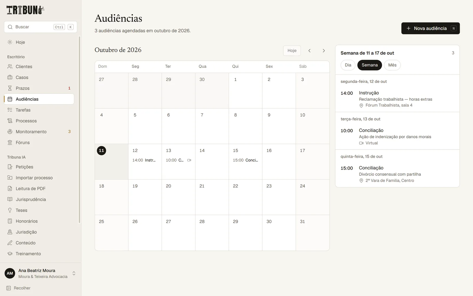 Agenda de audiências do Tribuna com o mês e a lista da semana