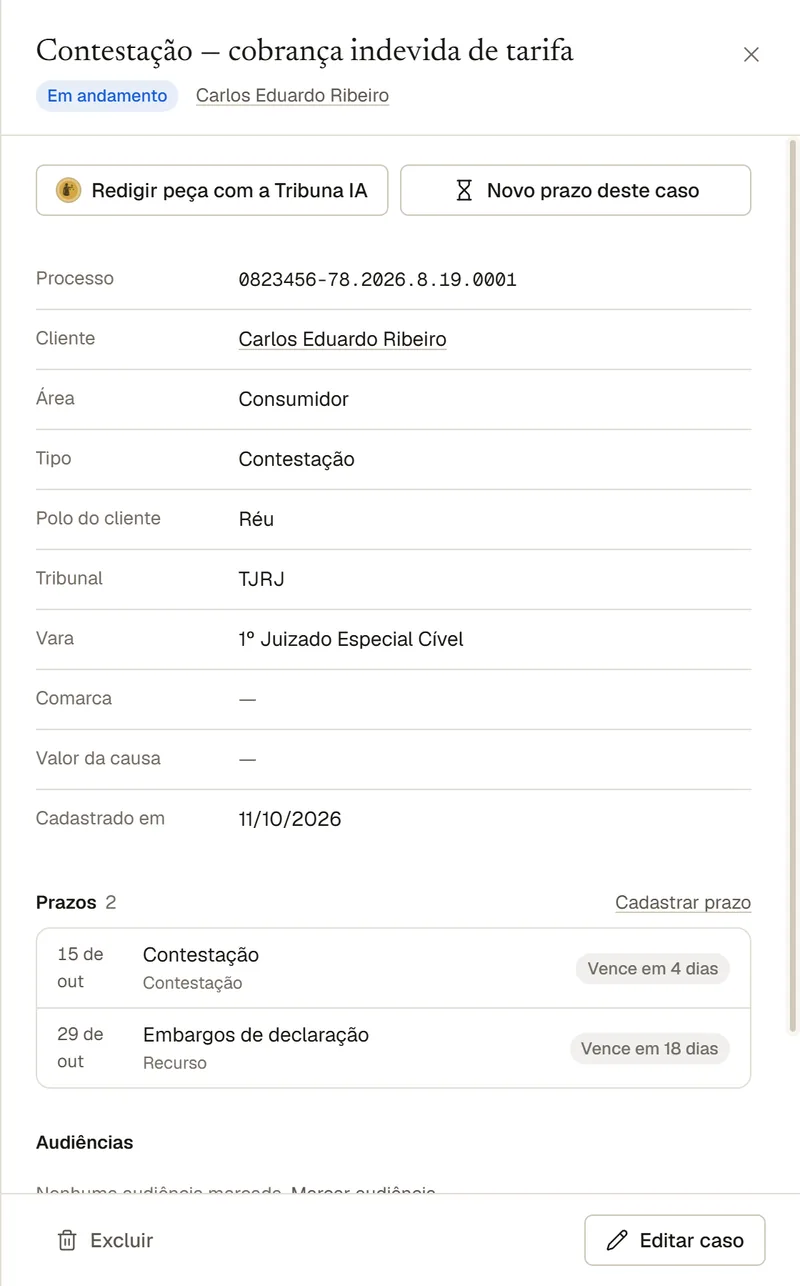 Detalhe do caso com prazos e atalhos para redigir a peça e criar prazo
