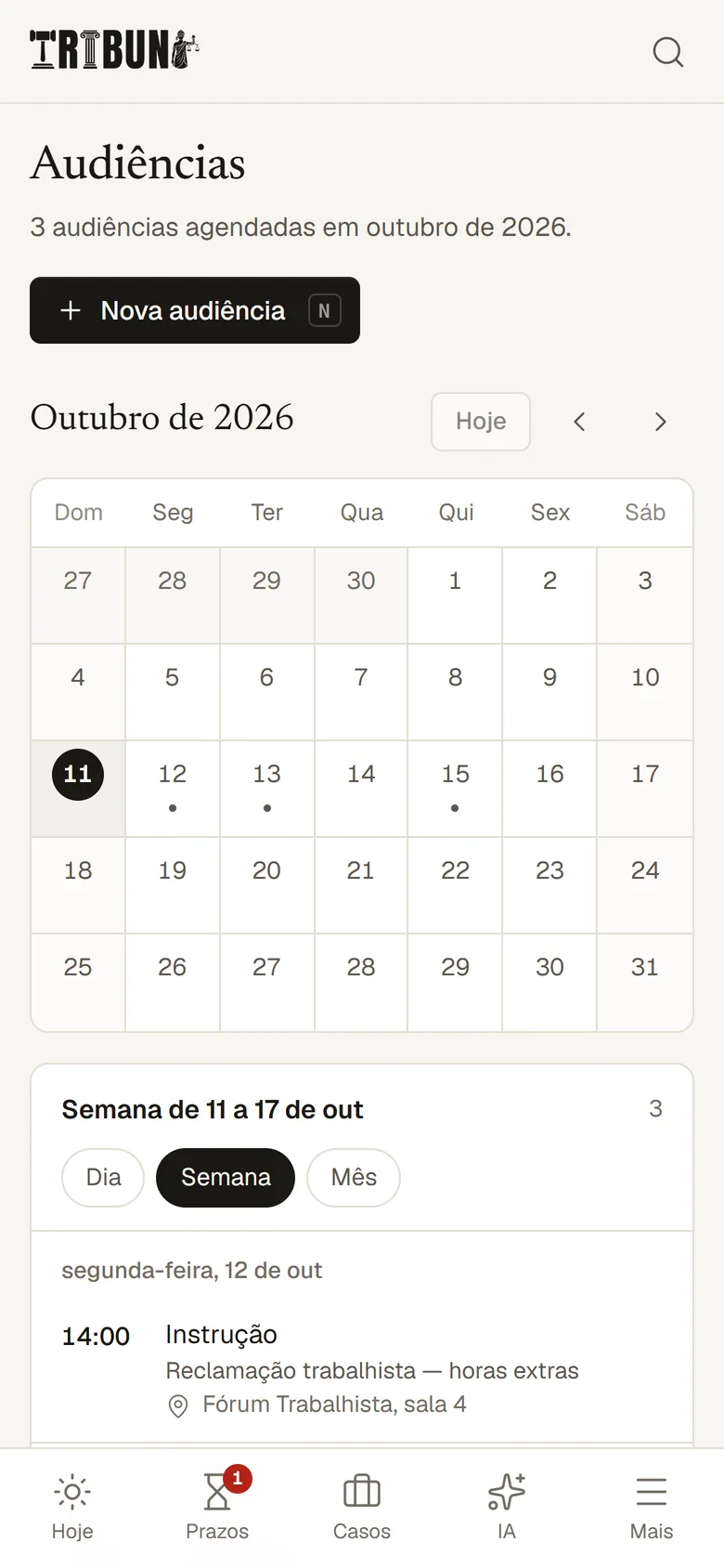 Agenda de audiências no celular