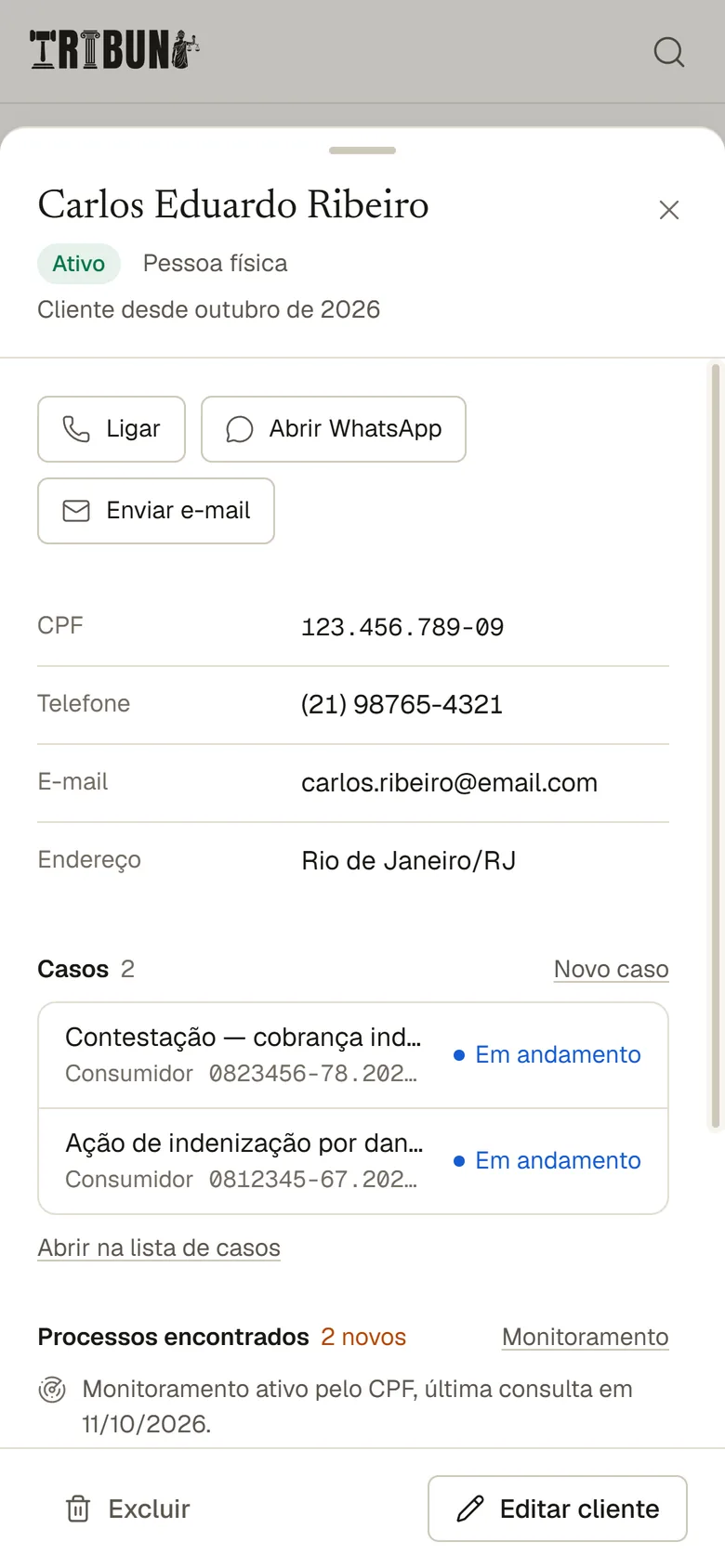 Ficha do cliente no celular com os processos encontrados pelo CPF