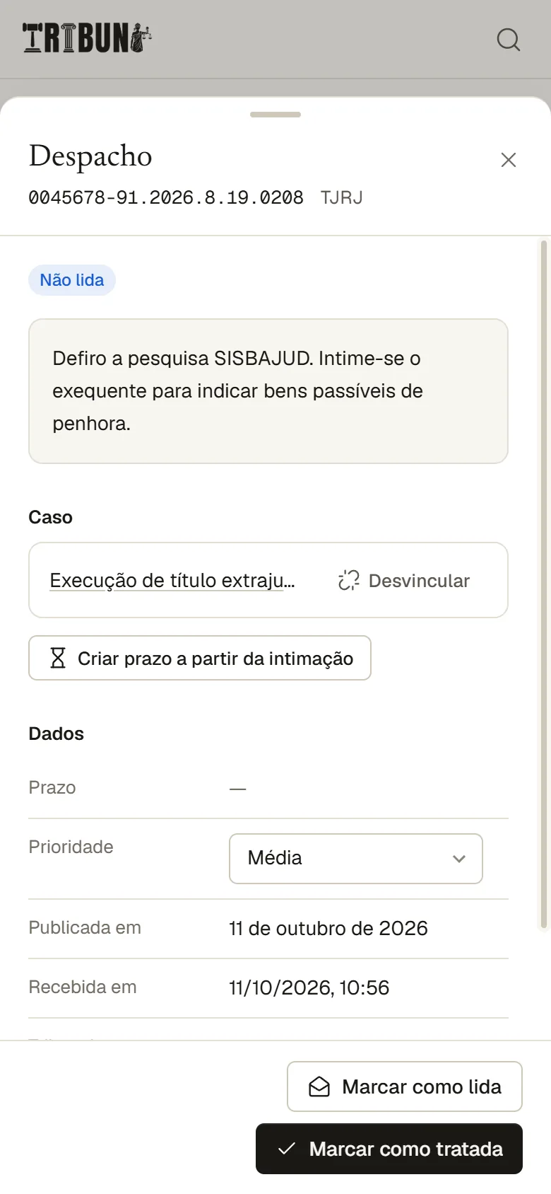 Intimação aberta no celular, com o caso e o botão para criar o prazo