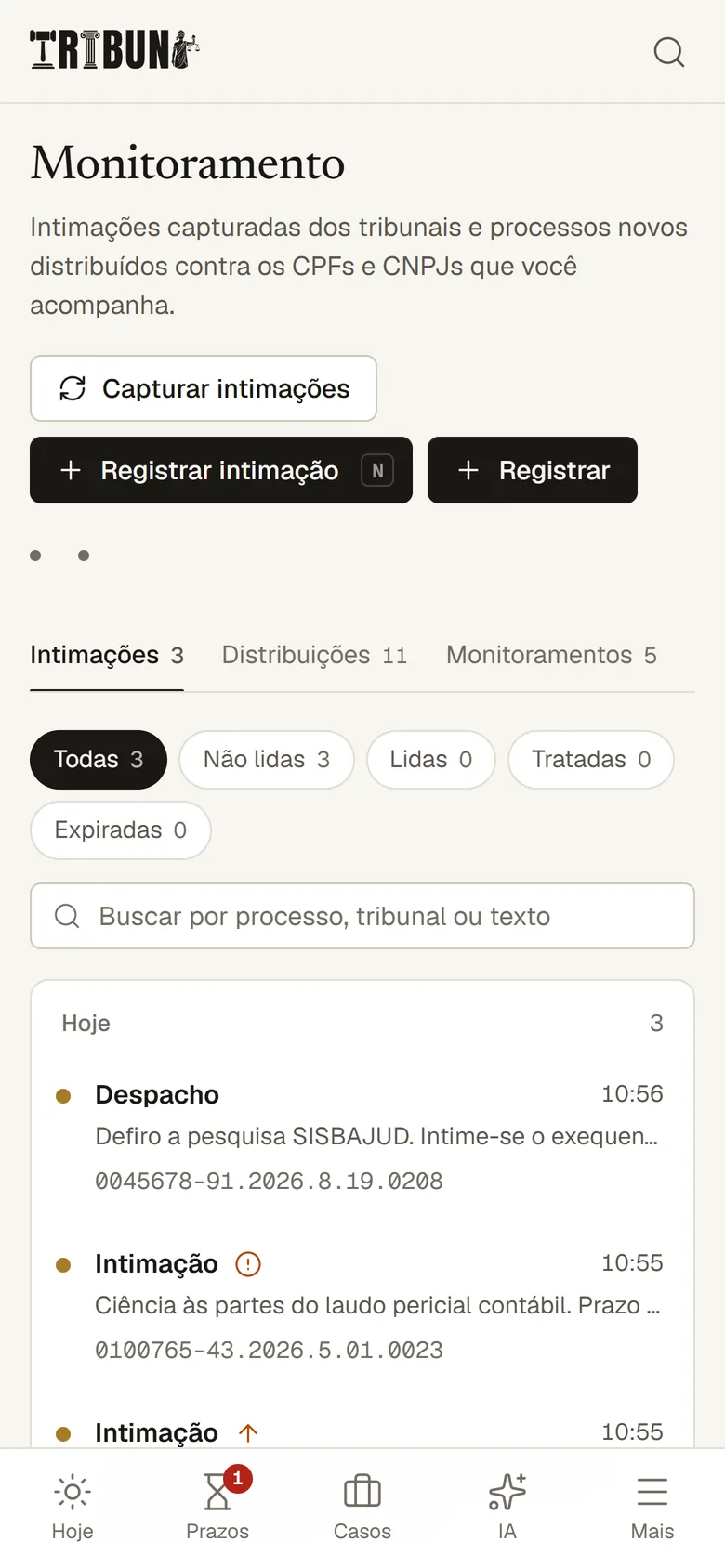 Caixa de intimações no celular
