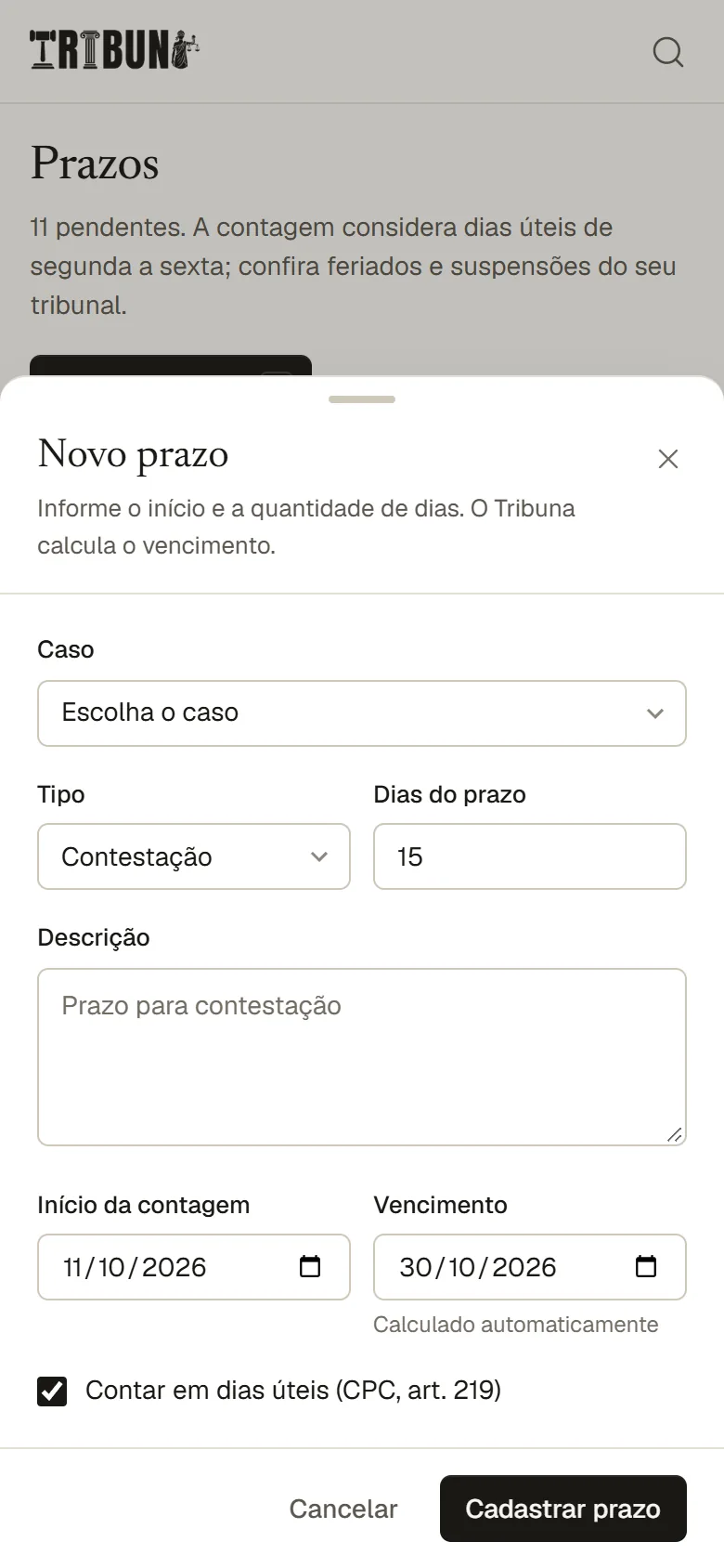Novo prazo no celular, com o vencimento calculado automaticamente