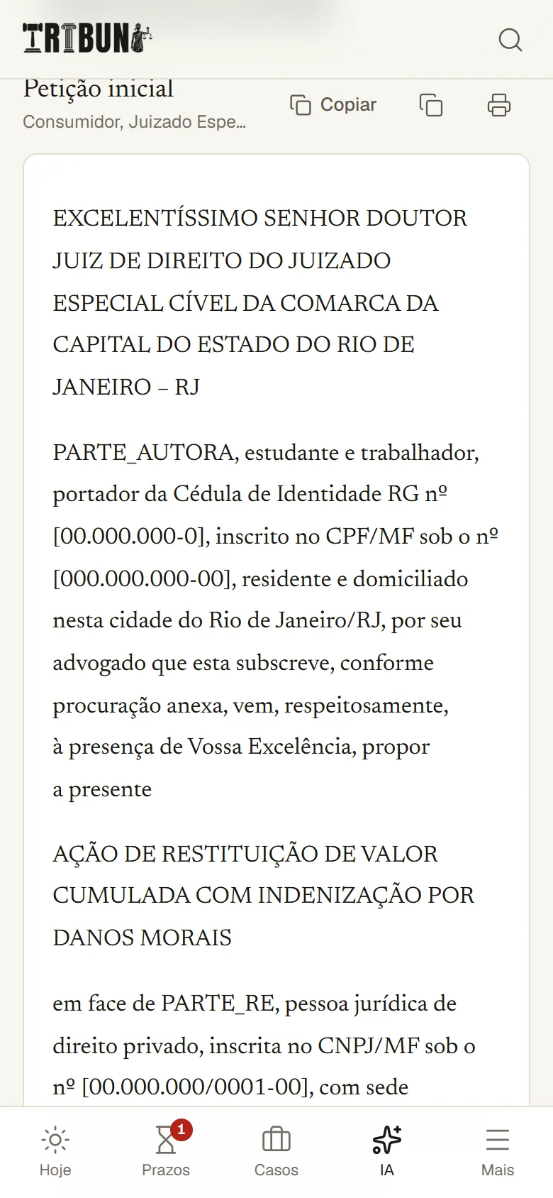 Petição inicial em formato de folha no celular