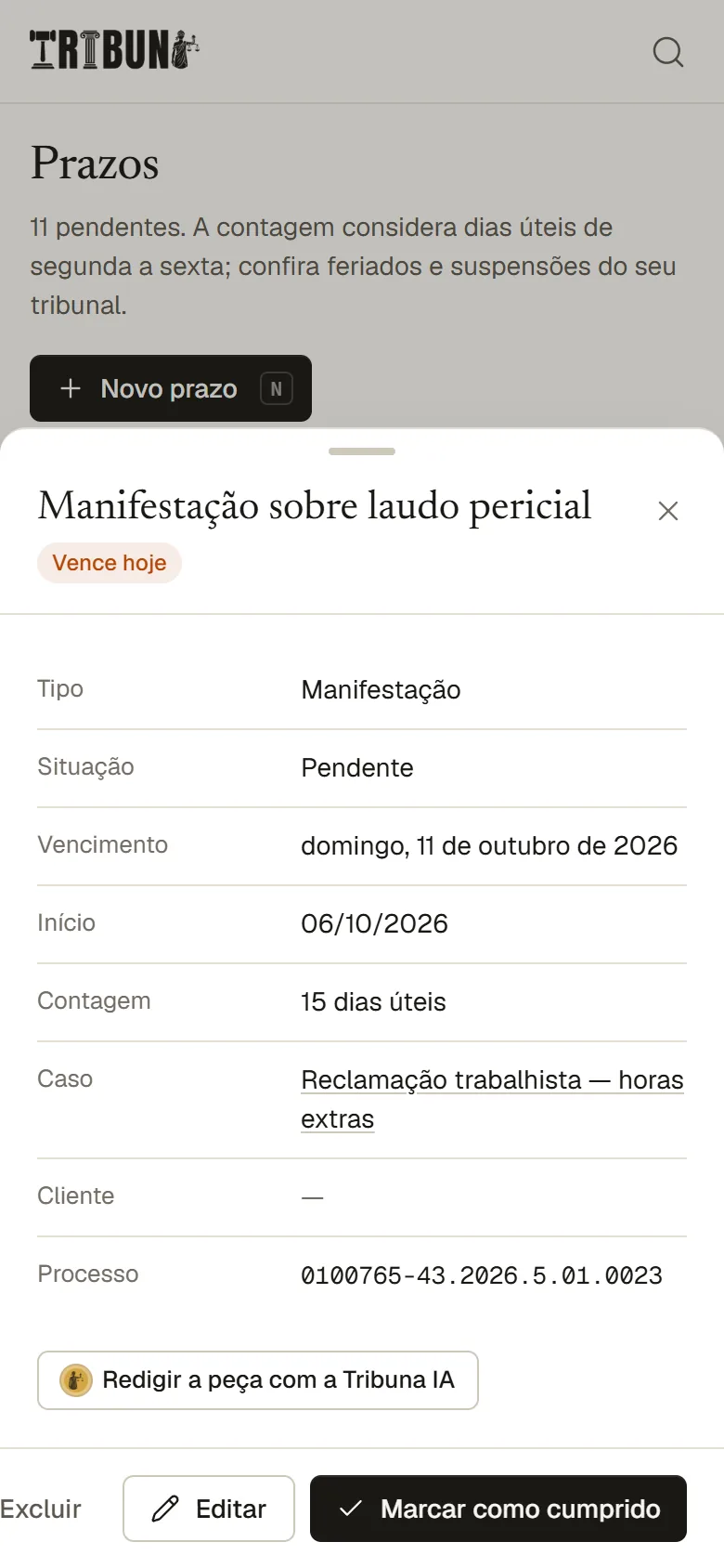 Detalhe do prazo no celular, com vencimento e contagem em dias úteis
