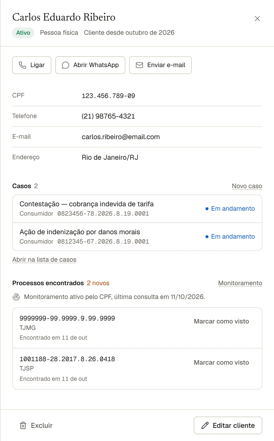 Ficha do cliente com casos e processos encontrados