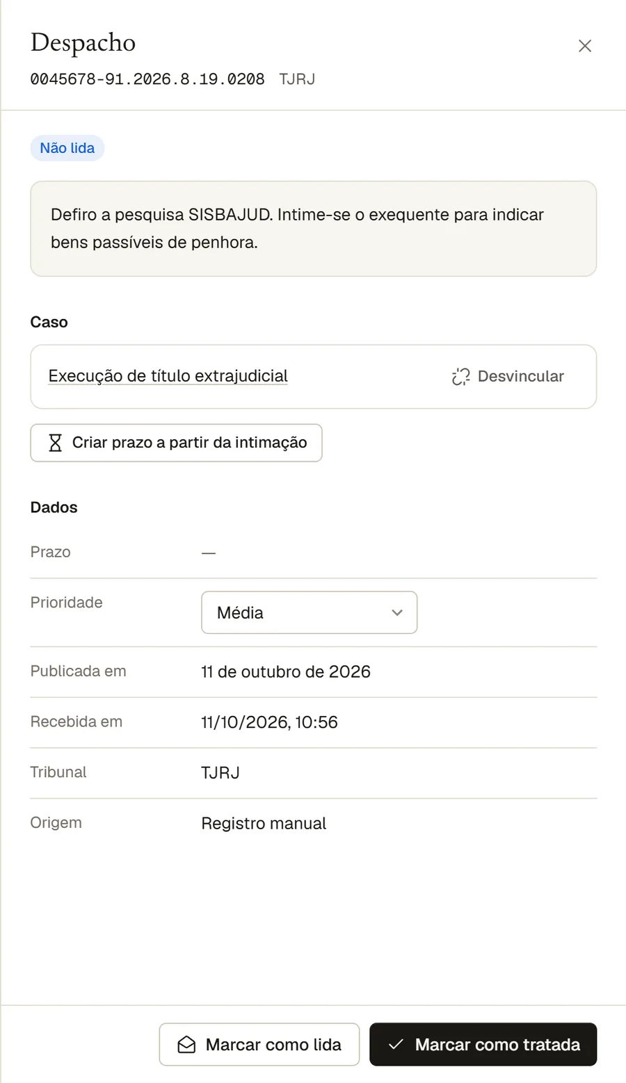 Detalhe de uma intimação com vínculo ao caso e criação de prazo