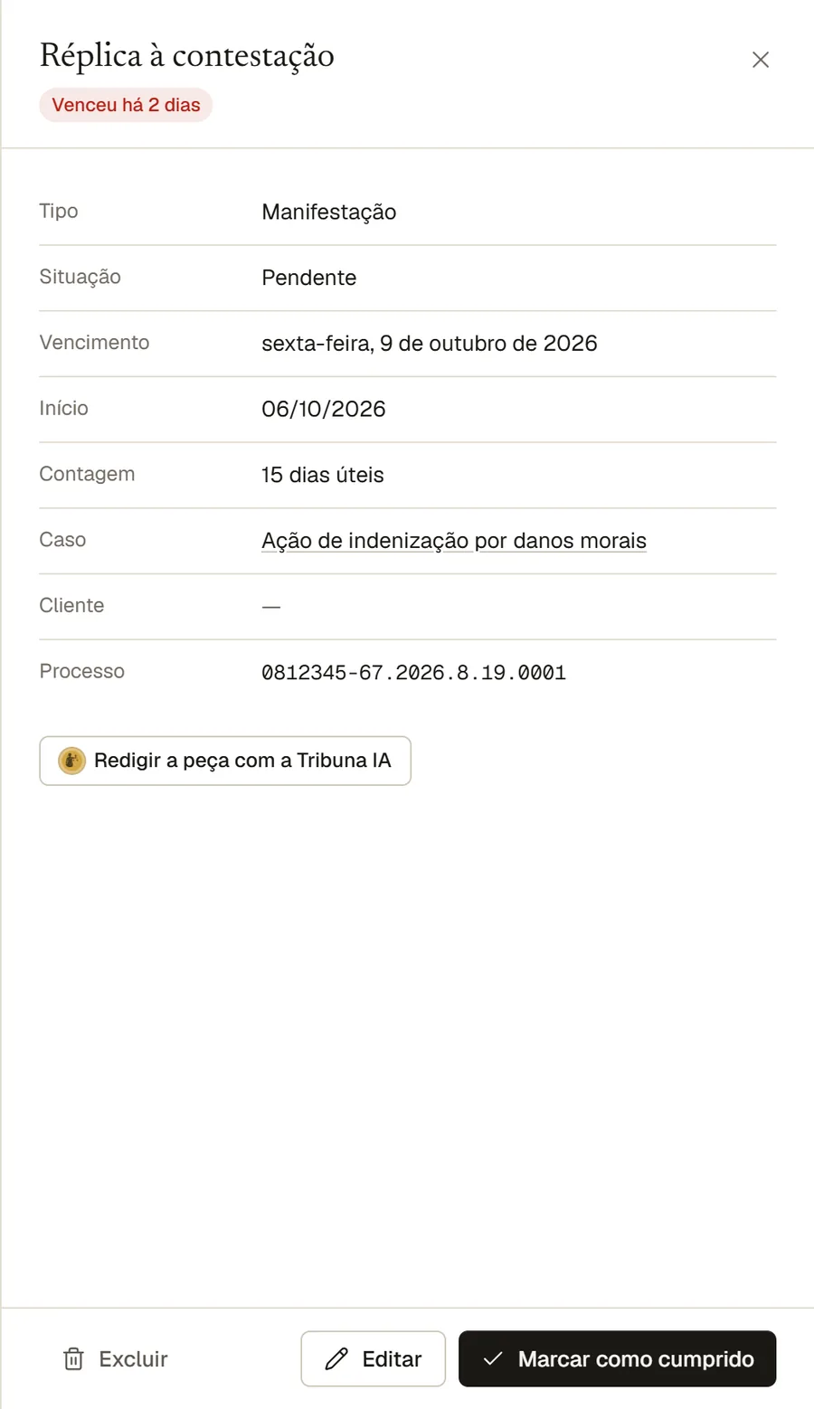 Detalhe de um prazo com tipo, vencimento, contagem e caso