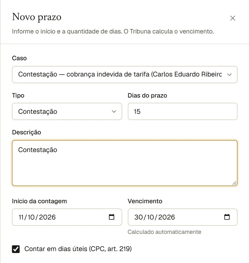 Cadastro de prazo com o vencimento calculado automaticamente