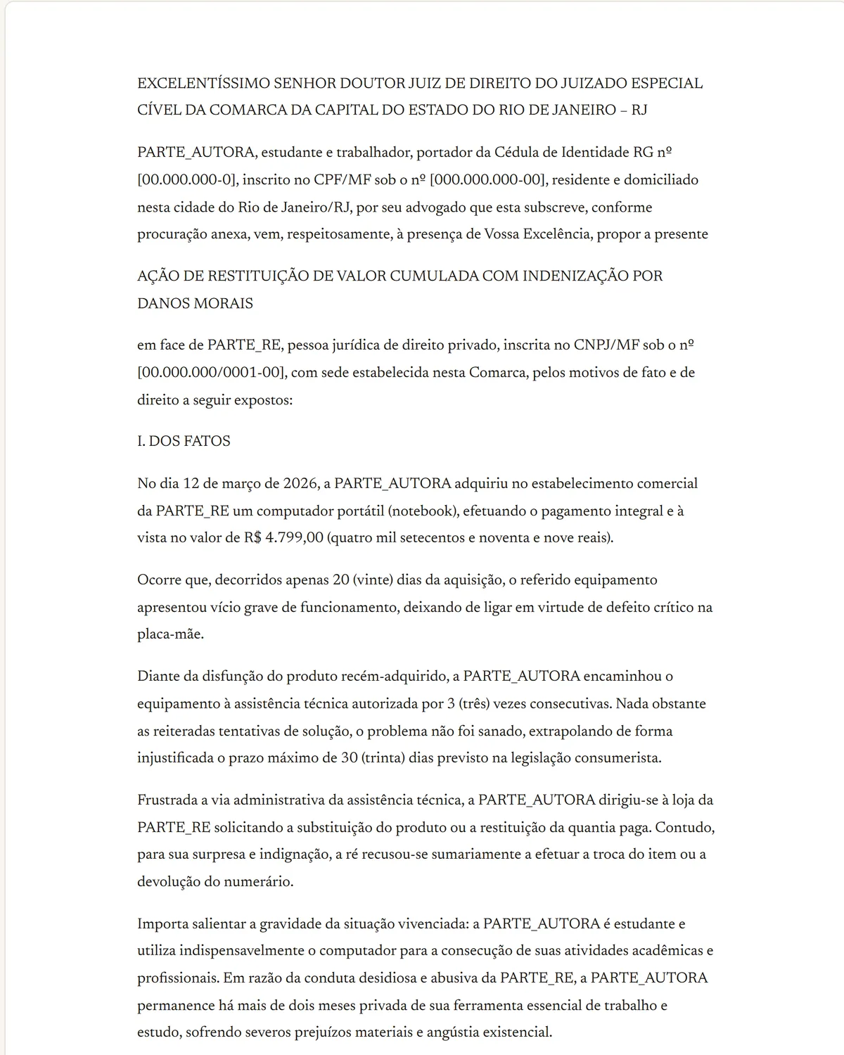 Petição inicial gerada pela Tribuna IA em formato de folha