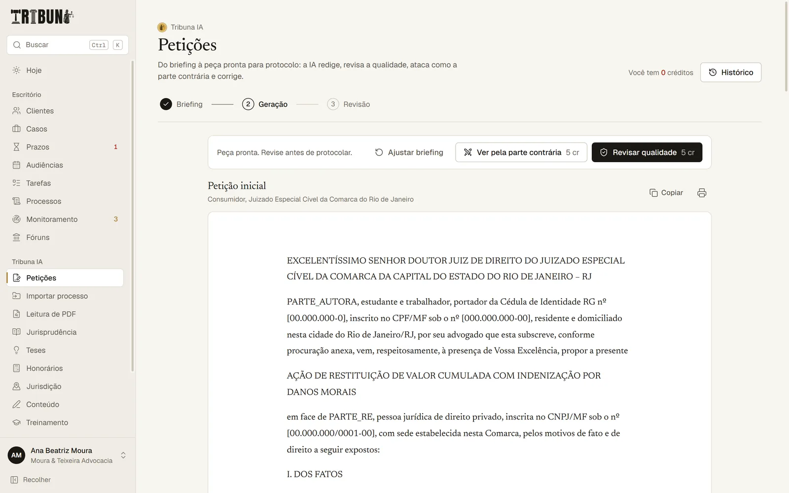 Petição gerada com as ações de revisão de qualidade e parte contrária