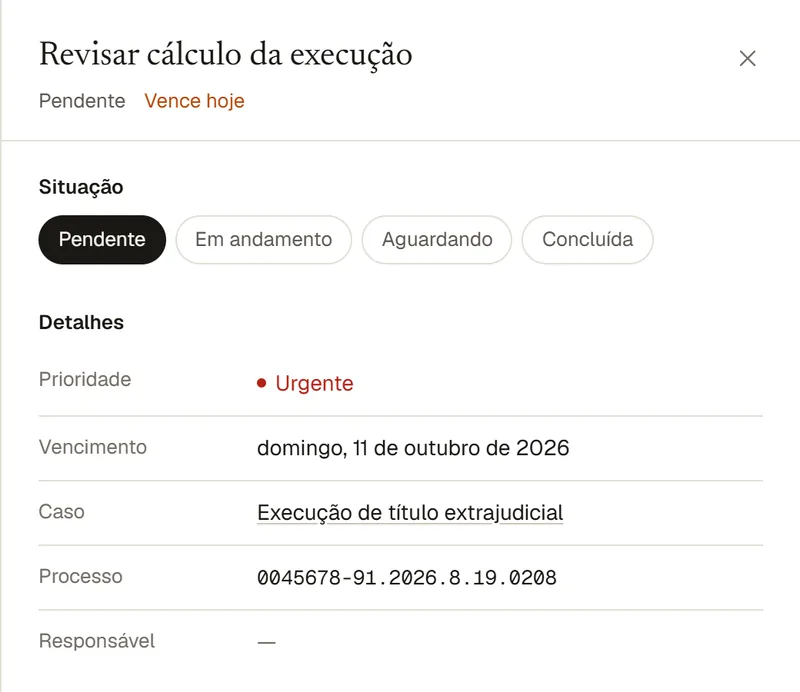 Detalhe da tarefa com prioridade, vencimento e caso