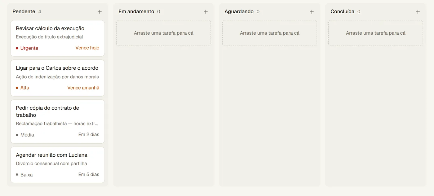 Quadro de tarefas com colunas por situação